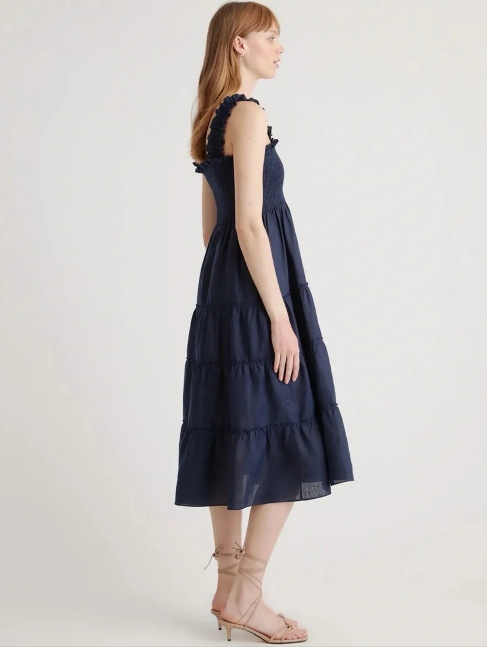 Quince European Linen Smocked Midi Dress in Deep Navy XS - Picture 3 of 13